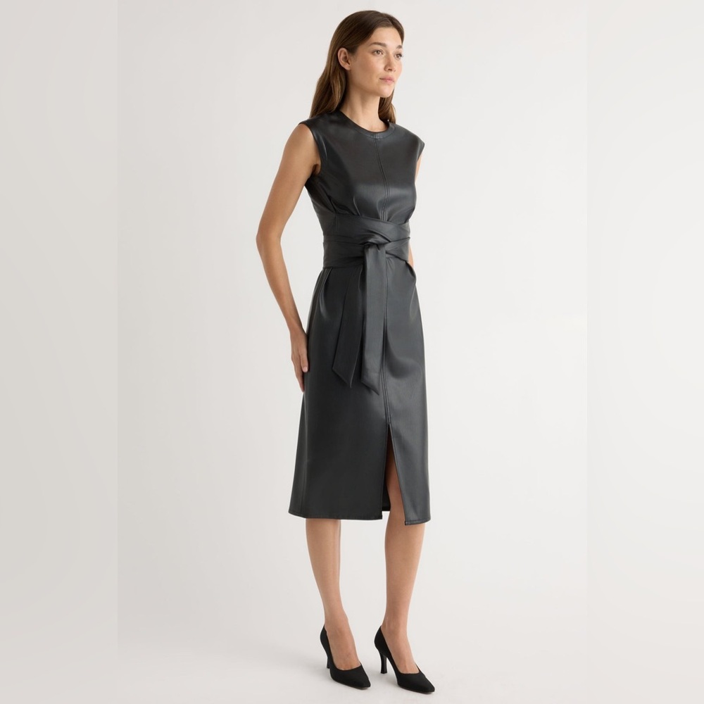 Modern Citizen Black Faux Leather Midi Dress with Waist Tie